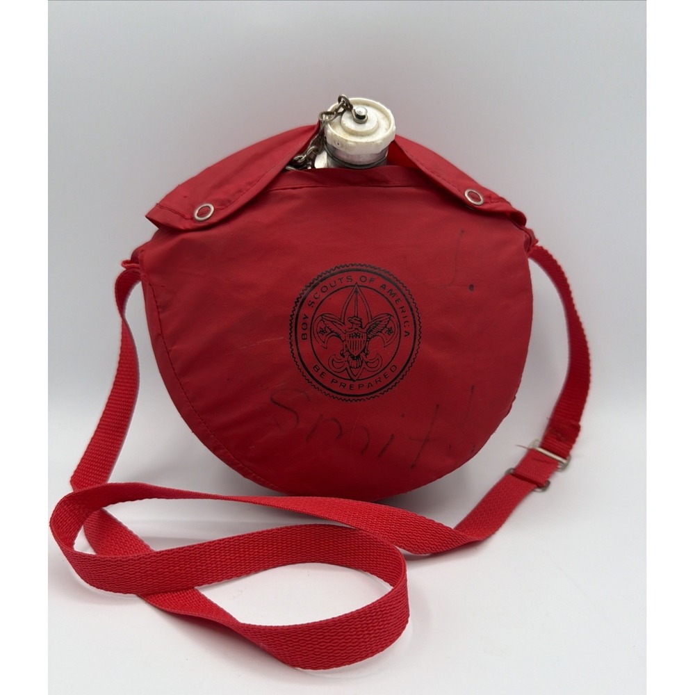 Boy Scouts of America BSA Aluminum Embossed Canteen Red Cover  Adjustable Strap